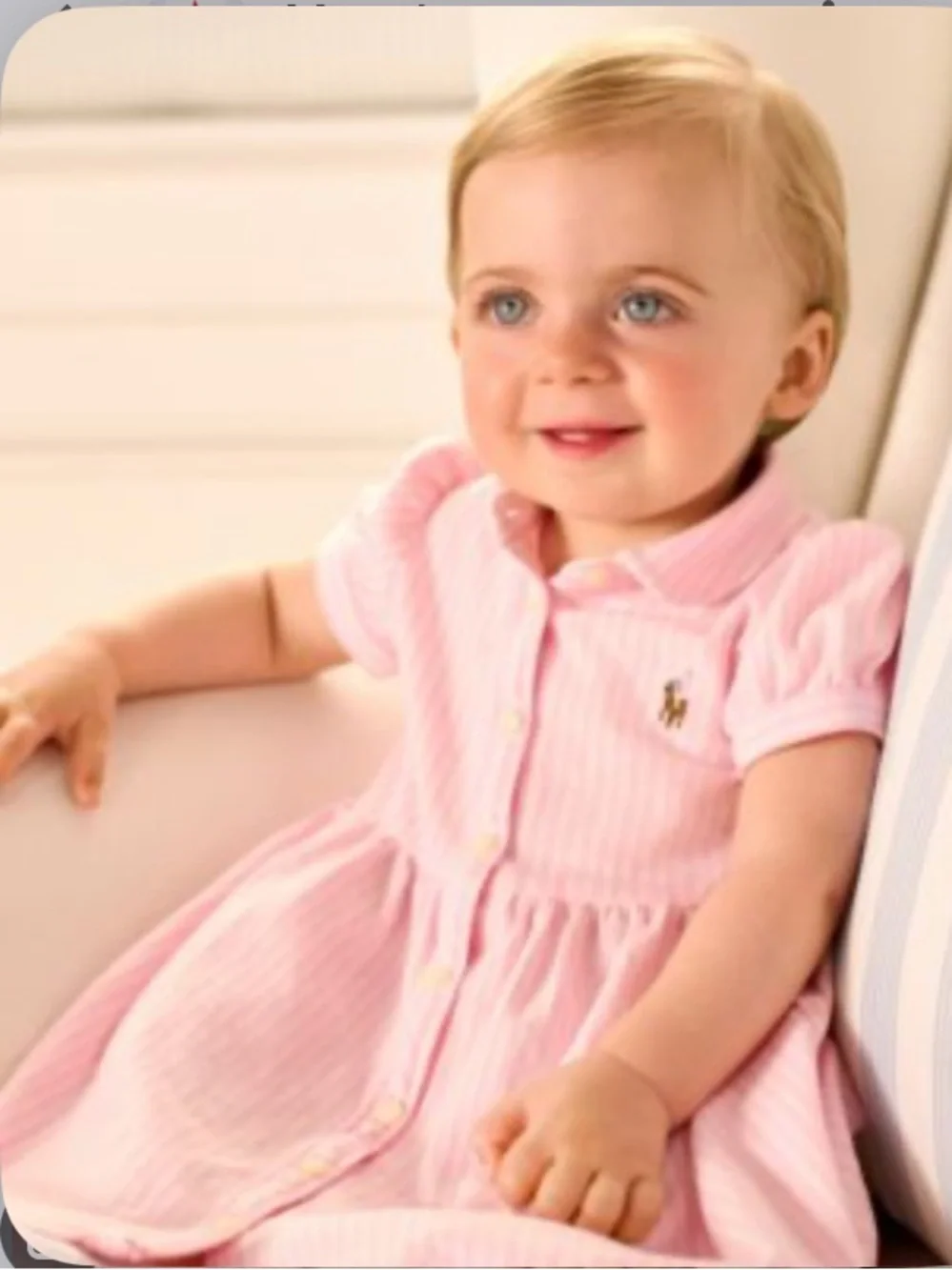 Ralph Lauren Pink and White Striped With Trim Ruffles Collar Oxford Baby Dress